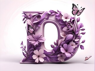 The letter D 3D letter, in a light purple color, with purple flowers and butterflies on the letter, beautiful letter, smooth and clean white background