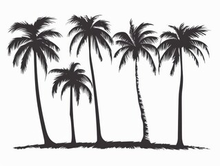 A row of palm trees, known as Arecales, against a white background, symbolizing tropical vegetation. These terrestrial plants gracefully reach towards the sky, creating a beautiful artistic gesture