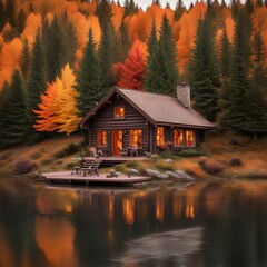 Obraz premium A cozy lakeside cabin with a crackling fire, surrounded by tall pine trees