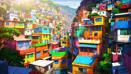 This 4k looping video takes you into the heart of the old favelas, where colorful houses symbolize the resilience and spirit of the community