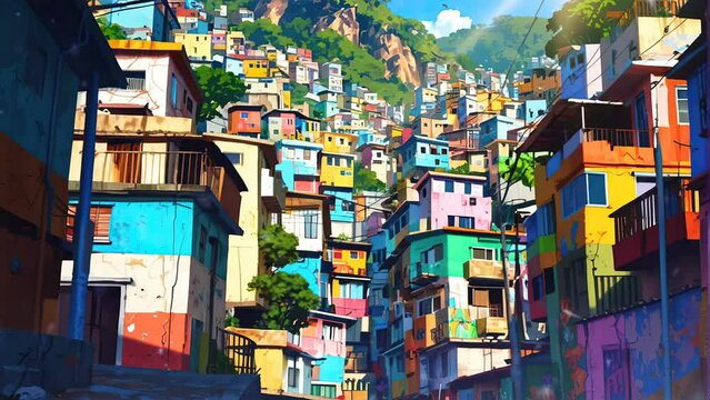 Navigate the winding streets of the old favelas via this 4k looping video, featuring vibrant houses that symbolize the courage and resilience of the local community