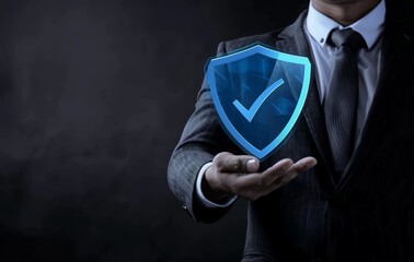 A businessman hand holding a virtual shield and check mark icon