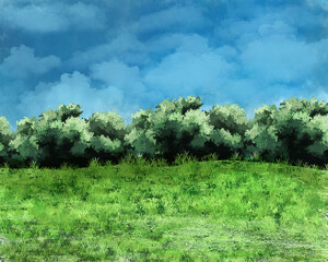 Drawing Nature backdrop painting with sky, meadow, trees, anime style