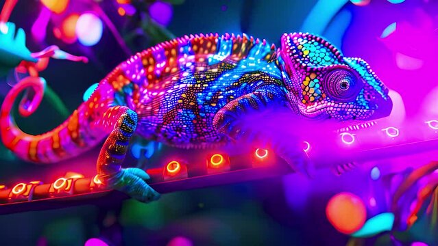 Beautiful bright chameleon in neon colors flickering lights in nature. Multicolor glow blue purple beautiful reptile chameleon with bright skin. The concept of disguise and bright skins. Tropical 4k