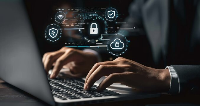 A businessman typing on laptop with digital security icons floating above the keyboard