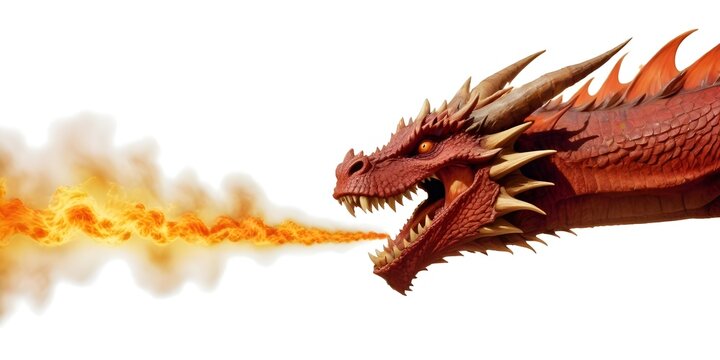 A large, fierce red dragon with sharp teeth and horns breathing fire against a background of flames and smoke