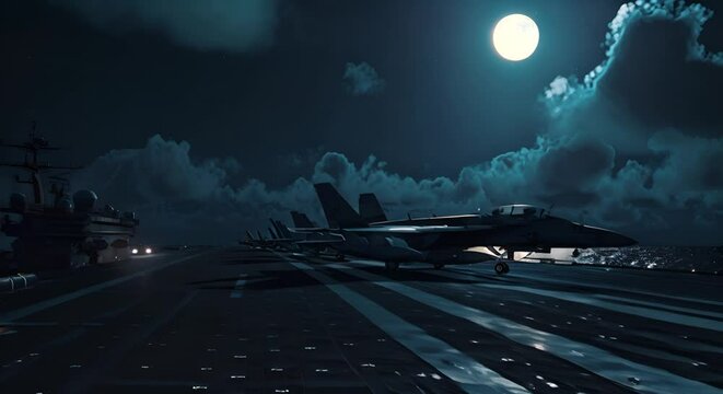 Moonlit night, the carrier's deck aglow, jets casting long shadows, eerie calm before action,
