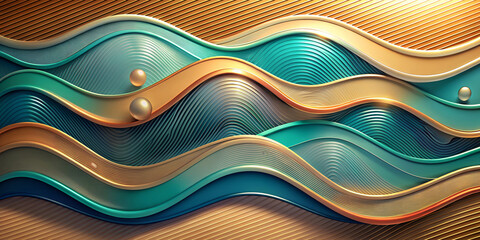 Vibrant wavy lines in shades of teal, blue and orange flow across the display, creating a sense of movement and fluidity. Several bright spheres seem to rest in the contours of the waves.AI generated. - obrazy, fototapety, plakaty