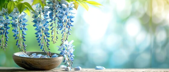 Blue wisteria floral background, best for web, banner, travel, and tranquil background.