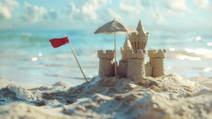 Castle in sand, flag and umbrella close-up on sea.. Beautiful simple AI generated image in 4K, unique.