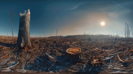 Post-apocalyptic panorama of a clear-cut forest, with stark tree remains and desolate ground, Concept of environmental issues, deforestation impact, and ecological urgency