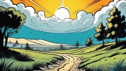 Vibrant comic-style illustration of a serene countryside landscape with a glowing light in the distance, featuring fluffy clouds and a golden field