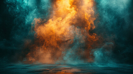 A mist of golden smoke abstract background on a stage under a teal spotlight, providing a striking...