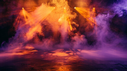 A stage covered in bright orange smoke under a pale lavender spotlight, offering a warm, inviting...