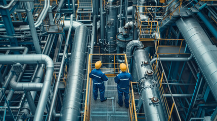 two workers in blue uniforms and yellow helmets inspecting a large complex design with pipes and cylindrical components of oil refinery