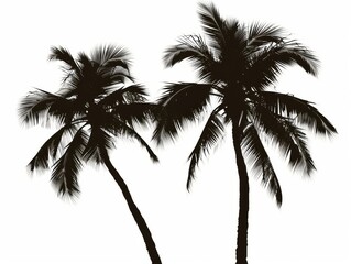 A monochrome silhouette of three palm trees against a white background, showcasing the beauty of these terrestrial plants. The contrast between the dark trees and the sky creates a mesmerizing image