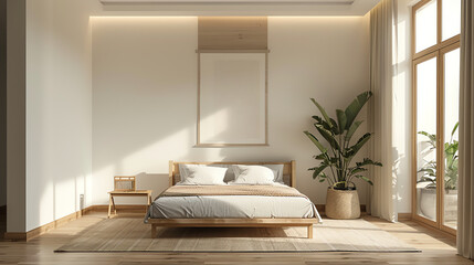 A bedroom with a large bed, a plant, and a picture on the wall.