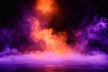 A stage covered in royal purple smoke abstract background under a bright orange spotlight, giving a regal appearance against a dark background.