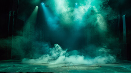 A stage enveloped in soft beige smoke under a deep turquoise spotlight, casting a gentle, soothing glow.