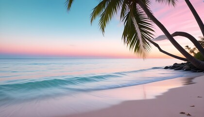 A tropical beach scene with a palm tree frond in the foreground, reflecting in the calm, turquoise...