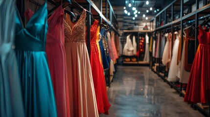 Assorted formal dresses in different colors for sale in retail store. Prom gown and wedding dress detail, perfect for fashion trends and business blog and website.