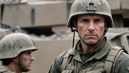 A military man with short brown hair wearing a military helmet and camouflage uniform, looking intensely focused in a war-torn environment - obrazy, fototapety, plakaty