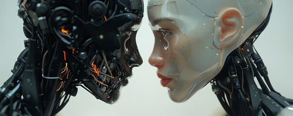 The image is depicting a black and white portrait of a human-like robot staring at a human