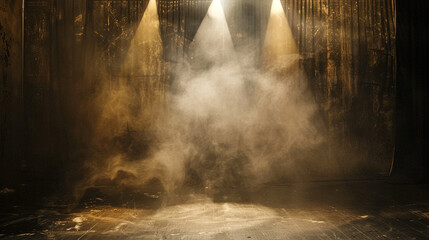 A stage shrouded in warm bronze smoke under a cool grey spotlight, offering a vintage, elegant visual.