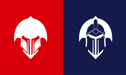 Dynamic Helmet Duo: A Striking Vector Design featuring Contrasting White Helmets on Red and Blue Background