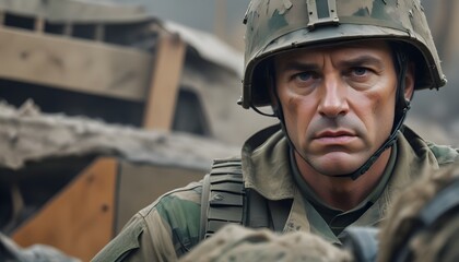A military man with short brown hair wearing a military helmet and camouflage uniform, looking intensely focused in a war-torn environment - obrazy, fototapety, plakaty