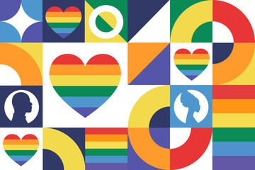 Happy Pride Month. LGBT. June. Seamless geometric pattern. Template for background, banner, card, poster. Vector EPS10 illustration.