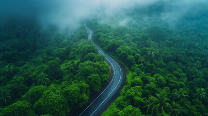 Aerial view of Winding road carves lush green rainforest during rainy season. High-res, dramatic. drone shot