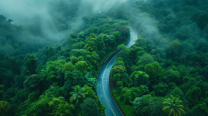 Aerial view of Winding road carves lush green rainforest during rainy season. High-res, dramatic. drone shot