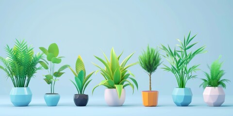 A lineup of houseplants in flowerpots displayed on a blue background, creating a beautiful indoor garden scene against the skyinspired backdrop