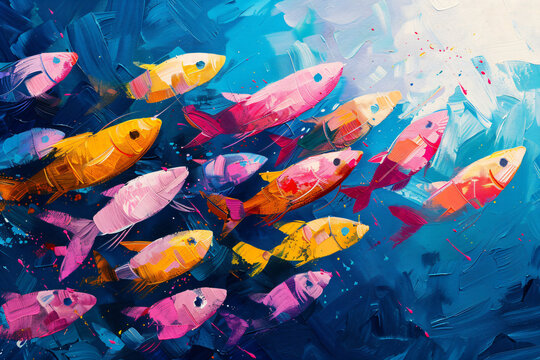 Colorful abstract fish paintings. Vibrant textured marine life art. Ocean and sea life inspiration for design and print
