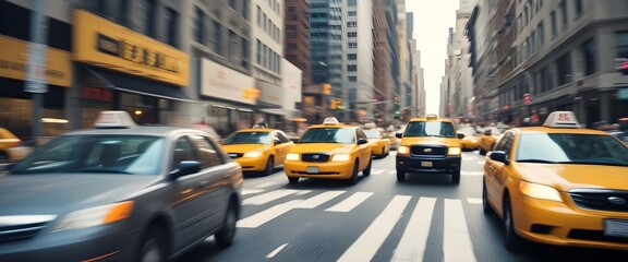 A busy city street with yellow taxi cabs speeding through the intersection, creating motion blur....