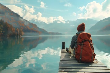 Travelers Serene Moment A Backpacker Contemplating Life at the Edge of a Peaceful Lake