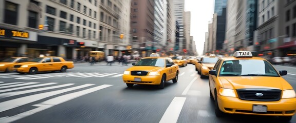 A busy city street with yellow taxi cabs speeding through the intersection, creating motion blur....