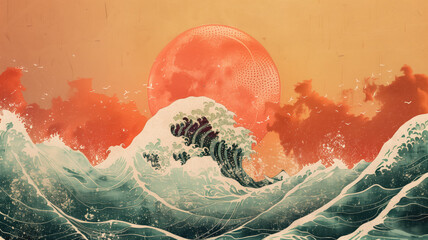 Great ocean wave as Japanese vintage style illustration Generative AI
