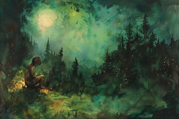 A person is sitting in the woods, looking up at the moon