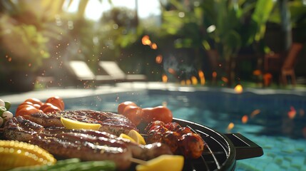 Sizzling poolside BBQ gathering with a variety of grilled treats, perfect for summer days