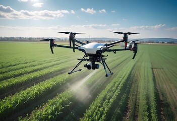 A drone flying over a green agricultural field, spraying pesticides with a multi-rotor design and a...