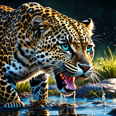 Beautiful illustration of a leopard drinking water from a puddle. Majestic giant cat in blue light.