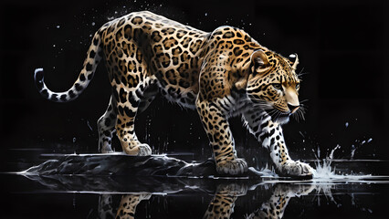 Beautiful illustration of a leopard drinking water from a puddle. Majestic giant cat in blue light.