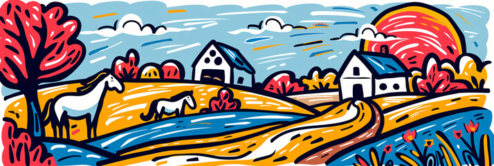 Colorful countryside landscape with horses and farmhouses. Vibrant expressionist style illustration. Summer countryside and rural life concept for design and print