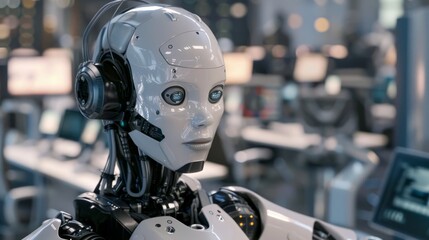 Fototapeta premium White and metallic colored humanoid robot located in the control room room