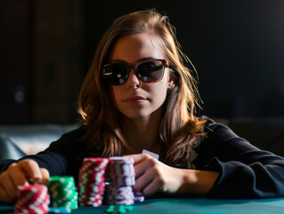 Poker or Blackjack player. Pretty woman is sitting playing  with chips on a casino cards table with sunglasses 