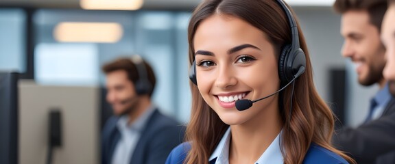 call center worker smiling while wearing a headset