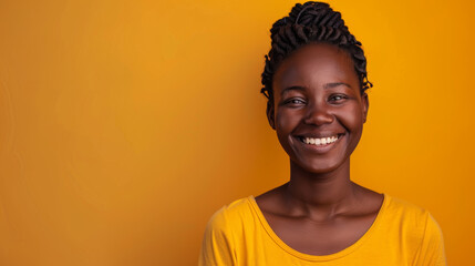 A woman with dark hair and a yellow shirt is smiling