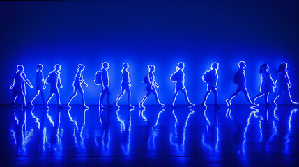 A group of people Pedestrians walking in a line. The image made of wireframe neon line blue and the people are in different positions